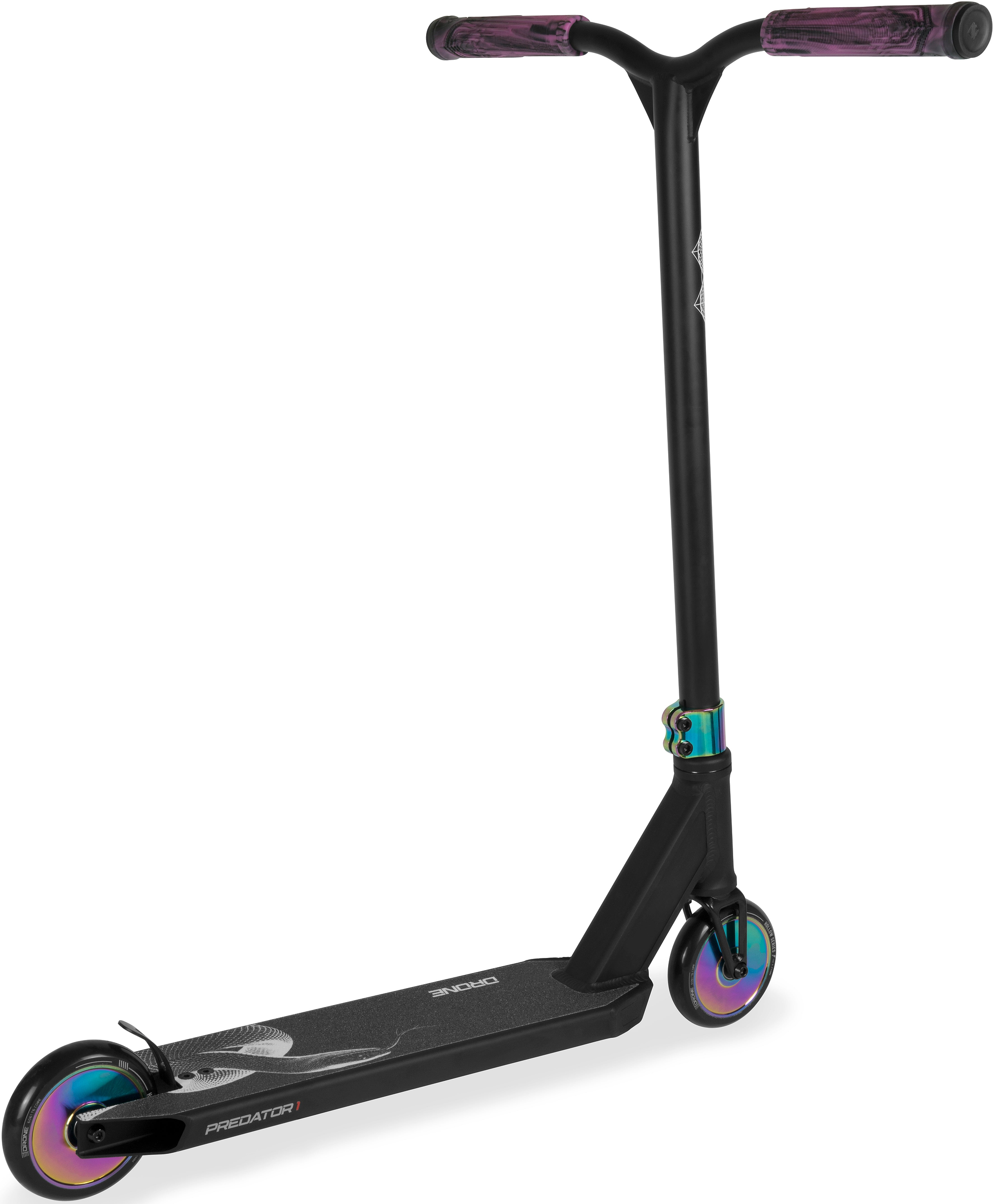 Drone Predator 1 Complete Stunt Scooter - Black / Neochrome with purple grips, iridescent metal accents, and rainbow-colored wheels.