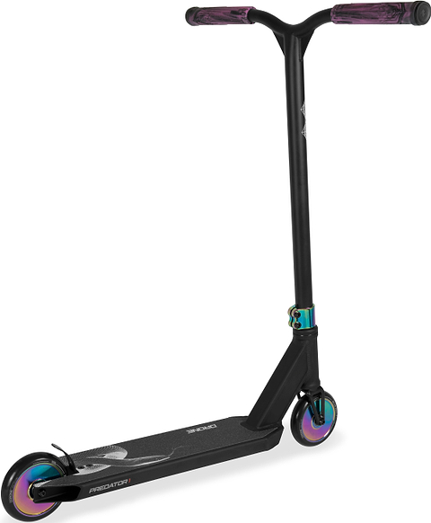 Drone Predator 1 Complete Stunt Scooter - Black / Neochrome with purple grips, iridescent metal accents, and rainbow-colored wheels.
