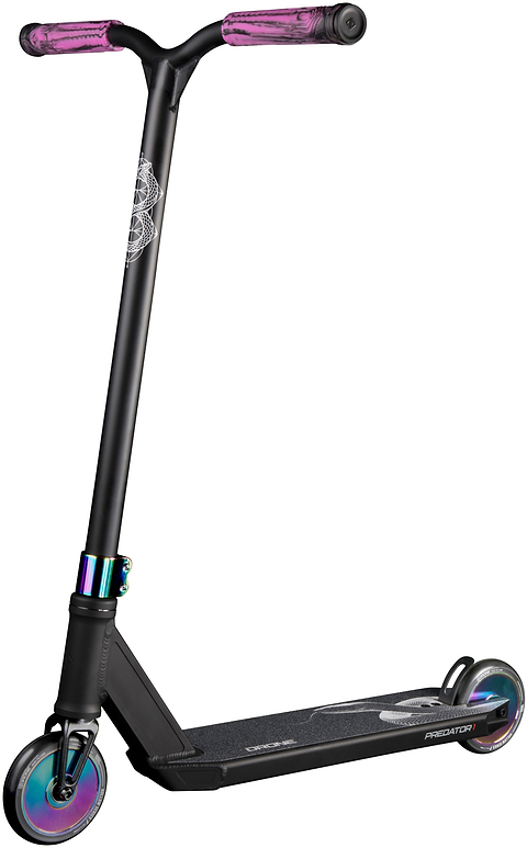 Drone Predator 1 Complete Stunt Scooter - Black / Neochrome featuring iridescent wheel centers, a multi-colored clamp, and marbled pink and black handlebar grips.
