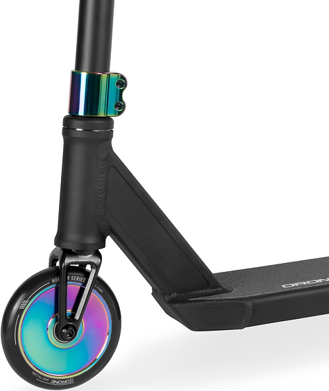 Drone Predator 1 Complete Stunt Scooter in matte black with neochrome accents on the front wheel hub and clamp.