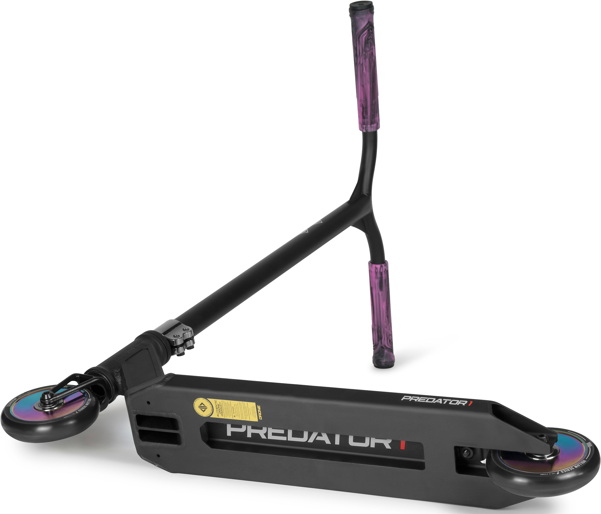 Drone Predator 1 Complete Stunt Scooter in black with neochrome wheels and purple hand grips, featuring a beginner-friendly design.
