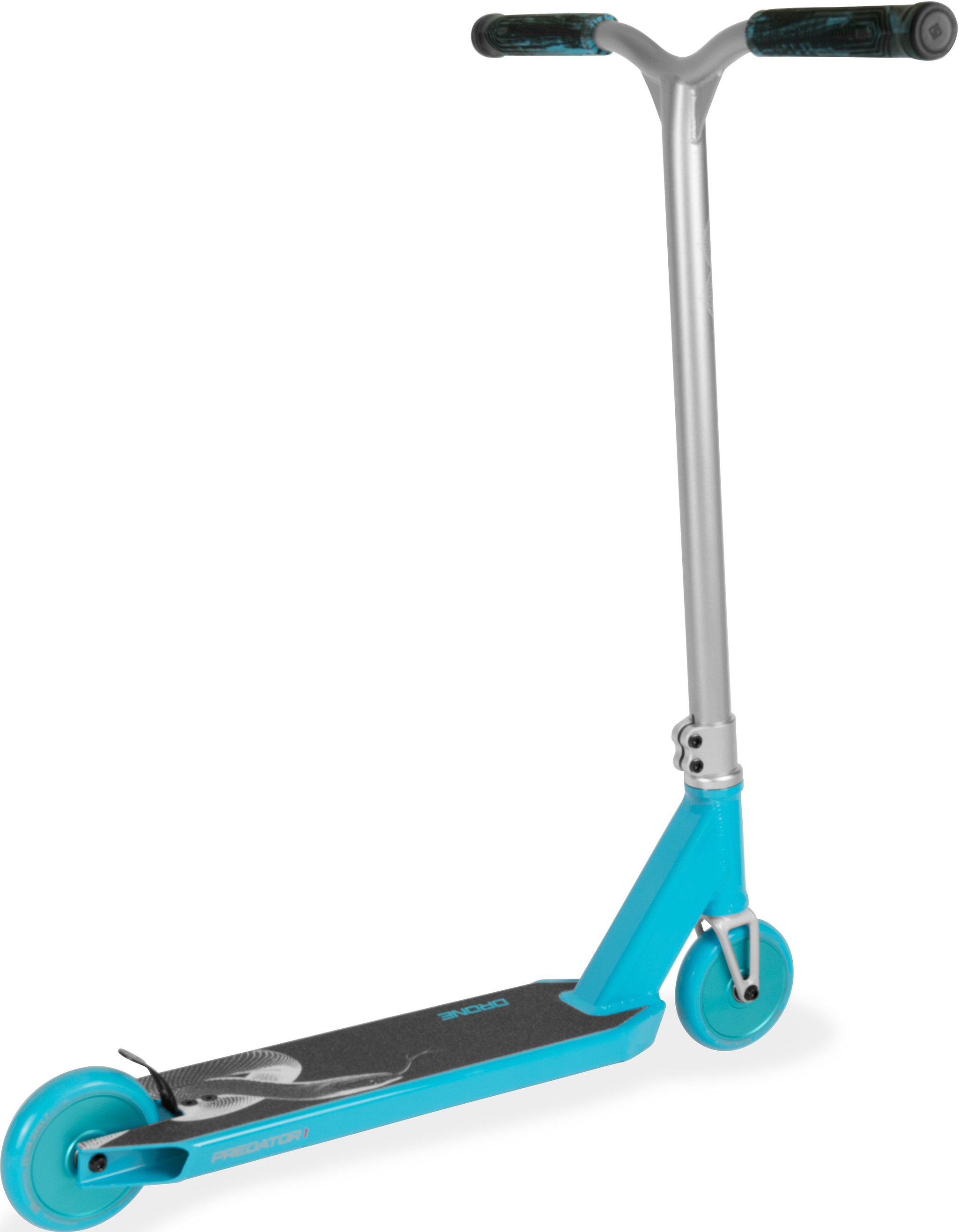 Drone Predator 1 Complete Stunt Scooter in cyan and silver, featuring blue wheels, black handlebar grips, and a durable frame ideal for beginners.