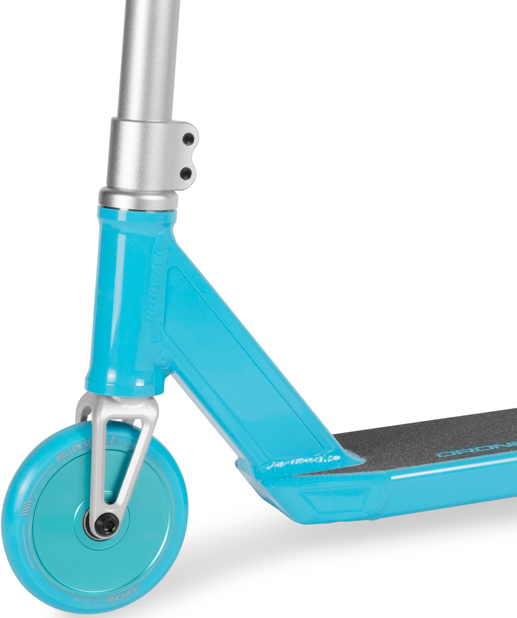 Cyan and silver Drone Predator 1 Complete Stunt Scooter showing the front wheel, head tube, and a portion of the deck on this beginner stunt scooter.