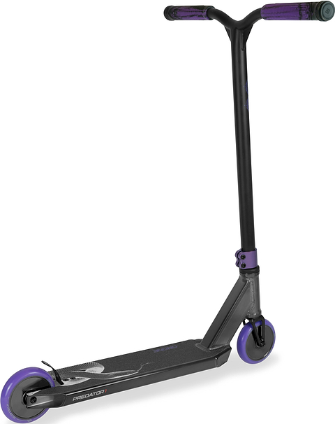 Drone Predator 1 Complete Stunt Scooter in smoked chrome and black with purple handle grips, clamps, and wheels, ideal for beginners.