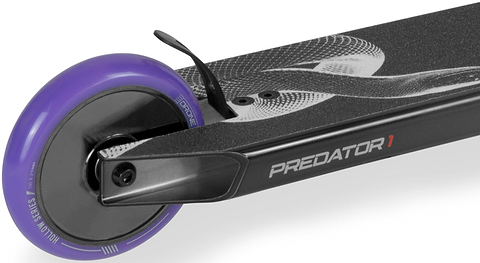 Close-up of a Drone Predator 1 Complete Stunt Scooter featuring purple wheels and a black deck with a snake graphic.
