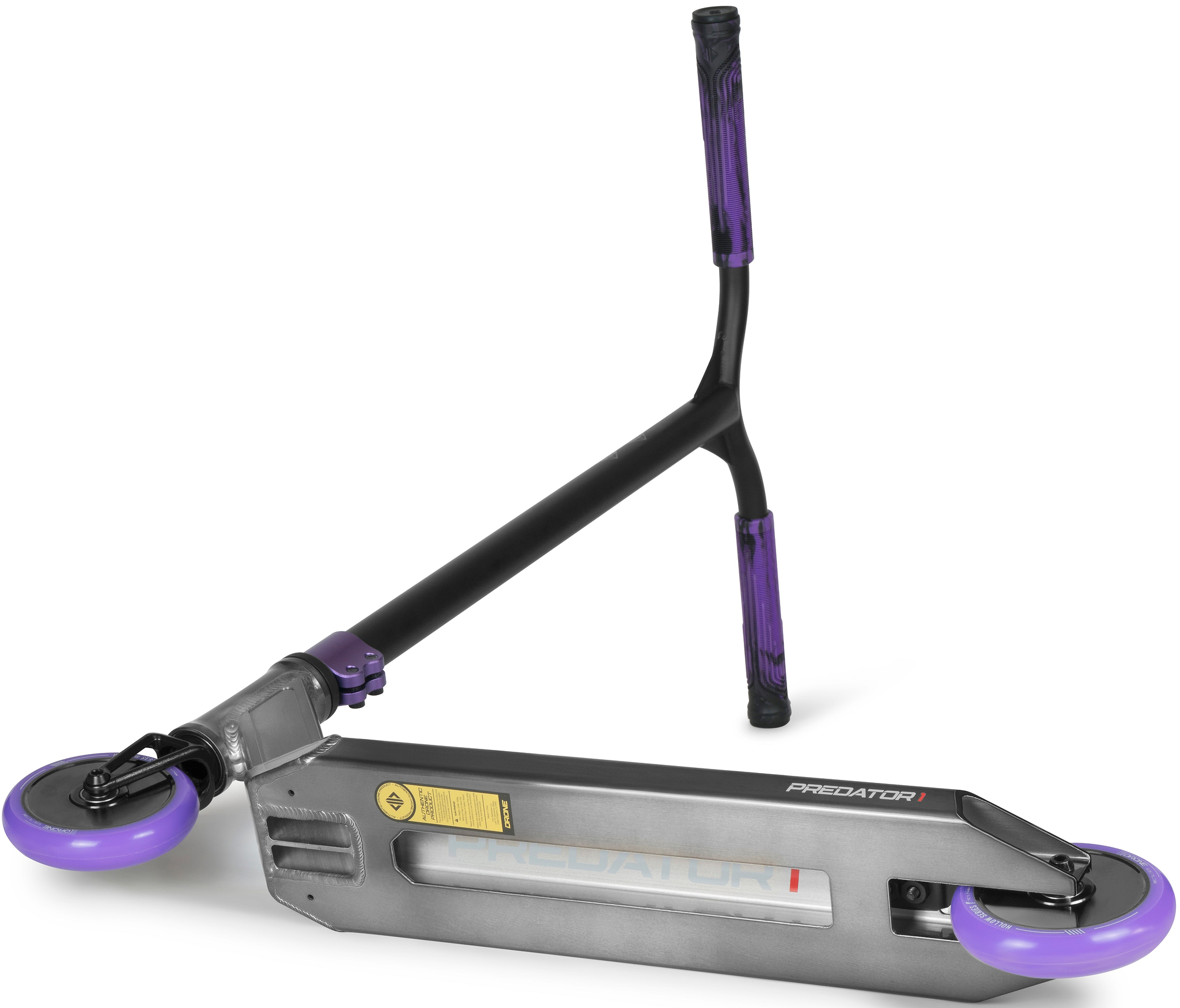 Drone Predator 1 Complete Stunt Scooter in smoked chrome with black handlebars, purple grips, and purple wheels.