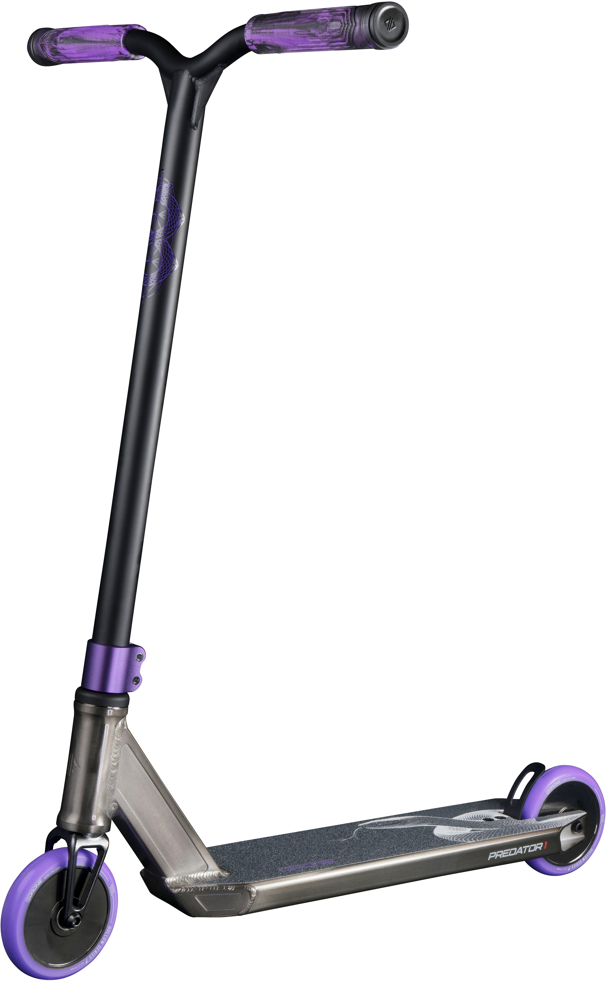 Drone Predator 1 Complete Stunt Scooter in smoked chrome and purple, featuring a chrome-finished deck, black handlebars, purple grips, and purple wheels.
