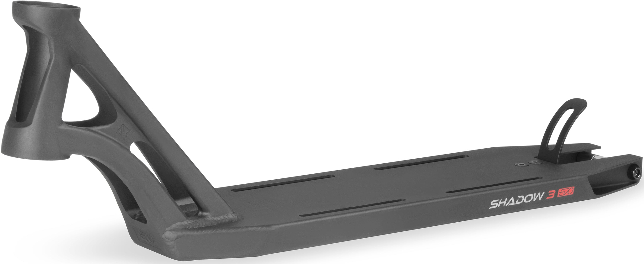 Drone Shadow 3 Evo Black Stunt Scooter Deck featuring a cutout headtube and a rear brake.