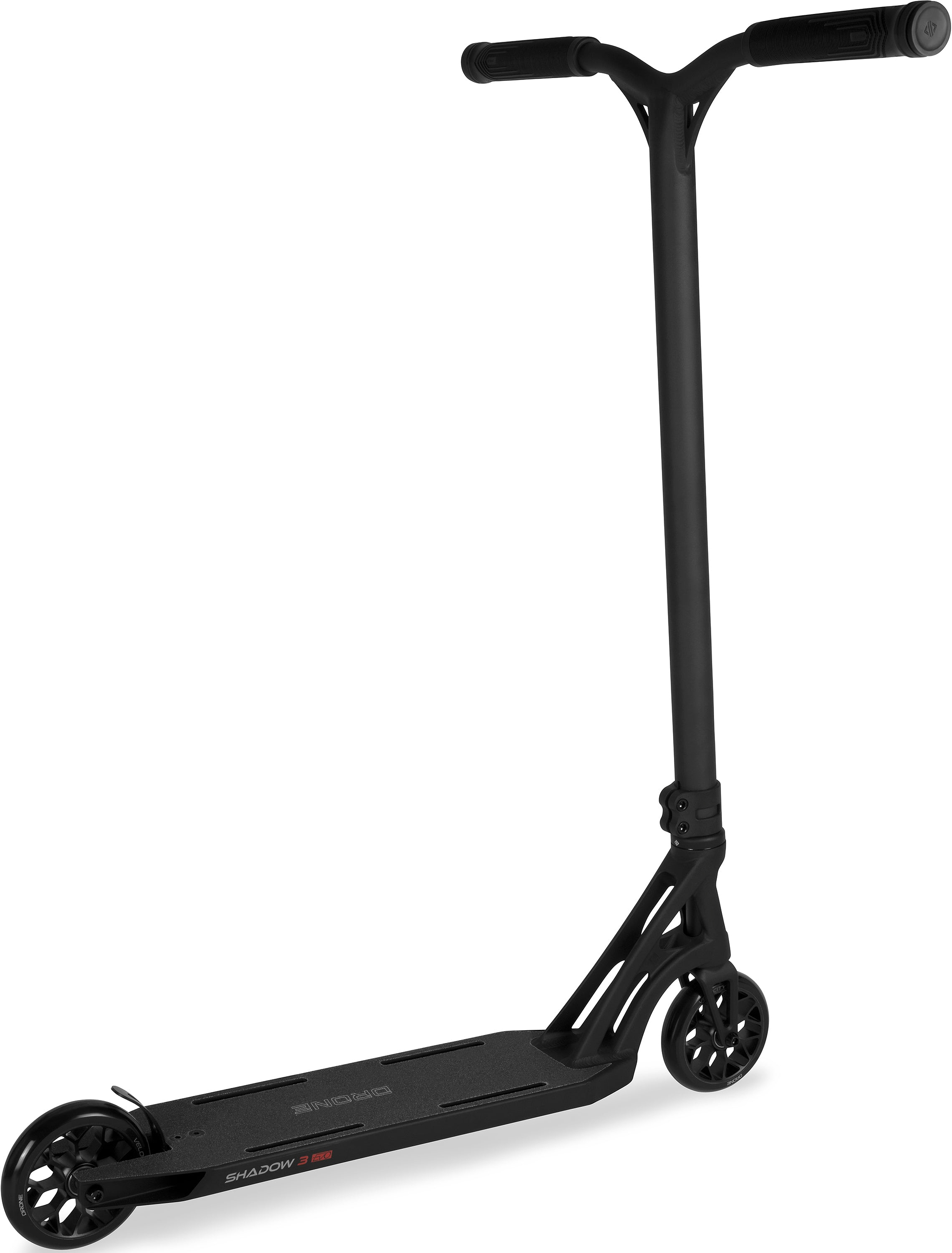 Black Drone Shadow 3 Evo Complete Stunt Scooter with a textured deck, spoked wheels, and a T-bar handlebar.