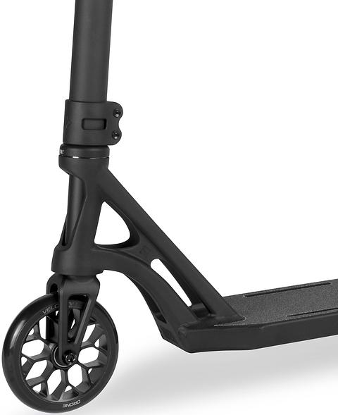 Close-up of a black Drone Shadow 3 Evo Complete Stunt Scooter, showing the front wheel, fork, and deck connection.