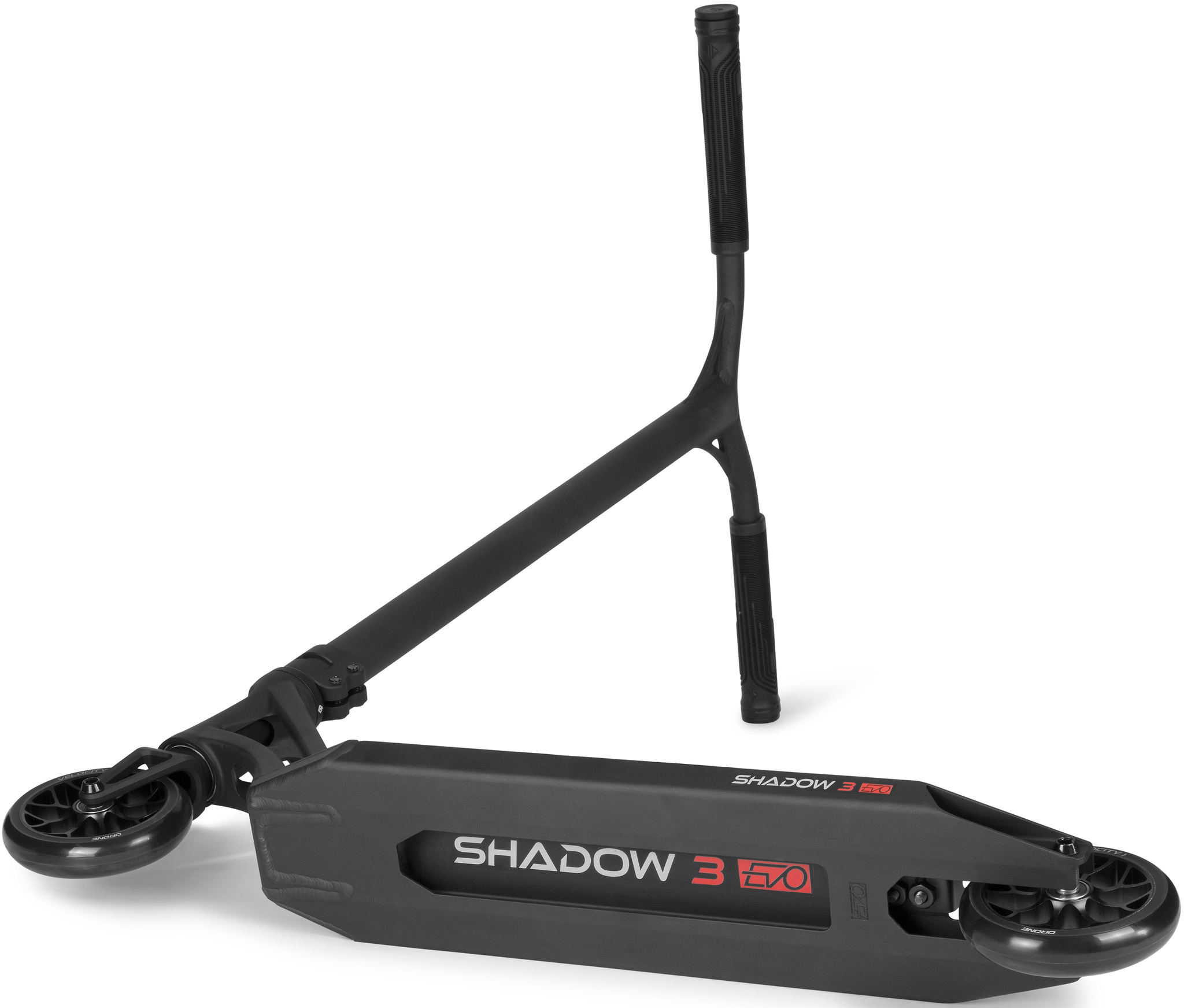 Black Drone Shadow 3 Evo Complete Stunt Scooter with the text “SHADOW 3 EVO” printed on the side of the deck.