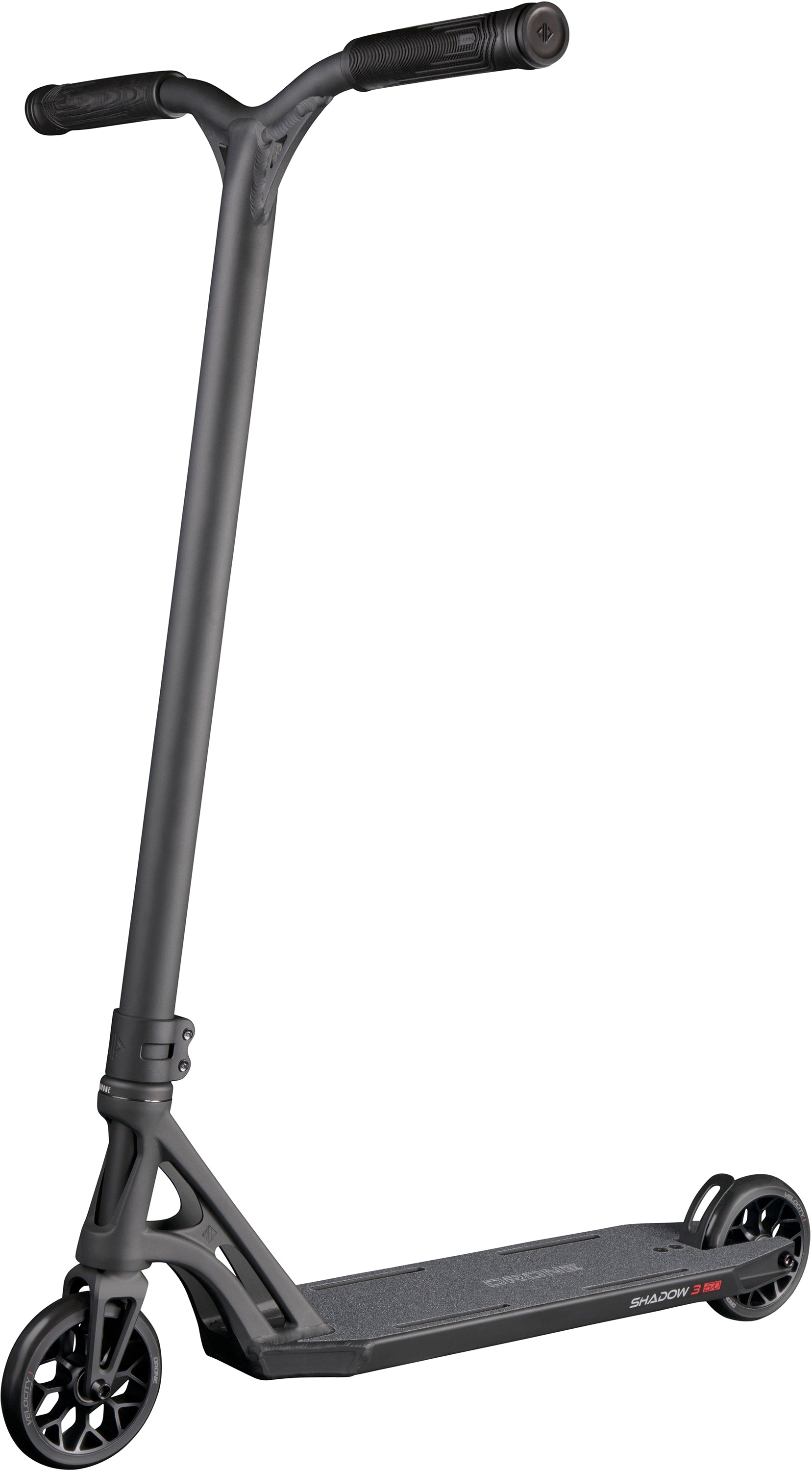 Drone Shadow 3 Evo Complete Stunt Scooter in black, featuring a T-bar handlebar, narrow deck, and spoked wheels.