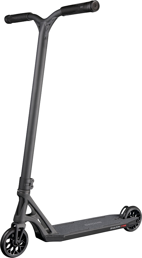 Drone Shadow 3 Evo Complete Stunt Scooter in black, featuring a T-bar handlebar, narrow deck, and spoked wheels.
