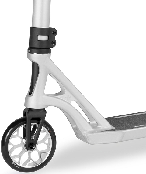 Close-up of the silver front wheel, fork, and deck connection on a Drone Shadow 3 Evo Complete Stunt Scooter.