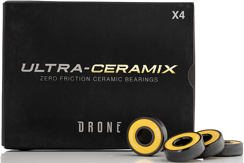 Black box labeled “Drone Ultra-Ceramix Scooter Bearings - 8 Pack” with four yellow and black ABEC 9 bearings in front.