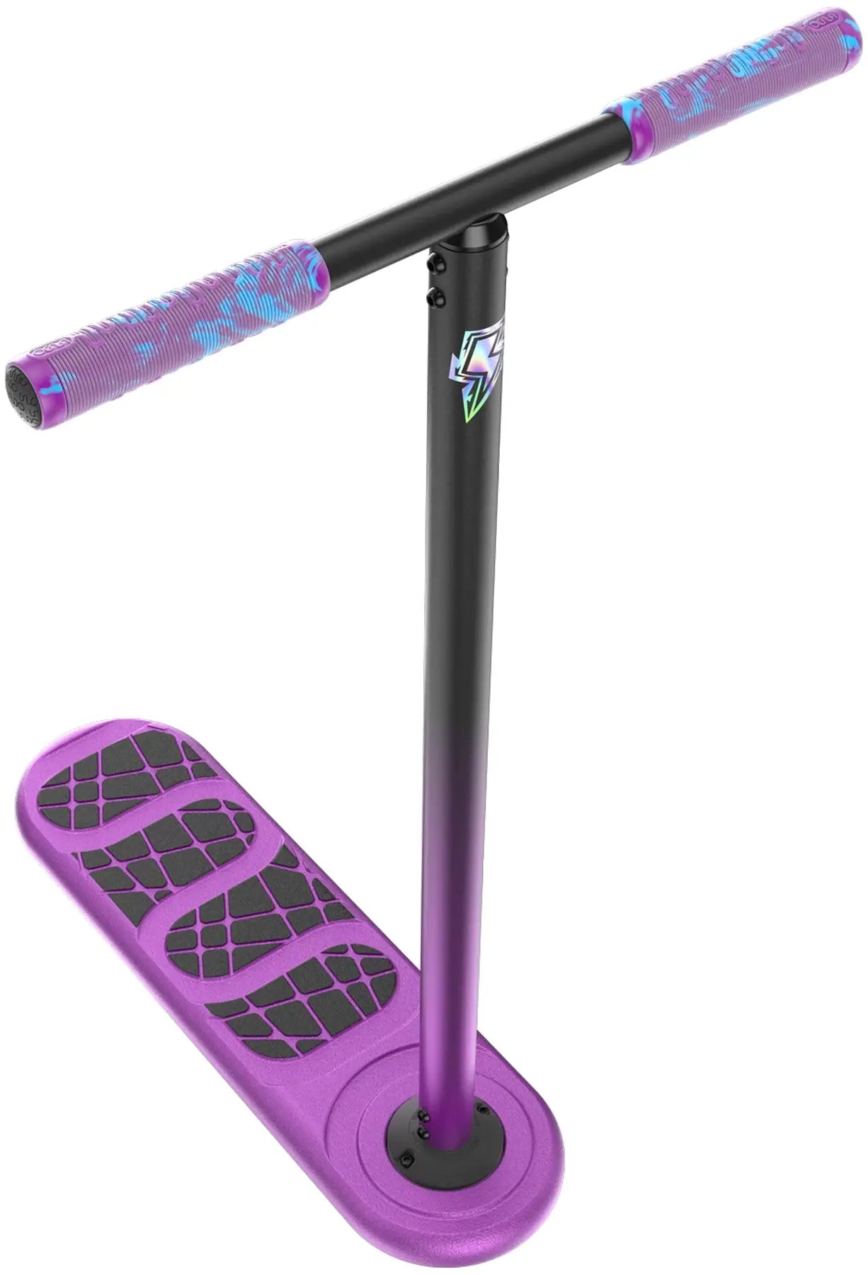 The INDO Kickstart Voltage Complete Trampoline Stunt Scooter - Purple by INDO features a striking purple balance board, a black adjustable T-bar with textured purple and blue grips inspired by trick scooters, and two black diamond-patterned foot pads. The handlebar can be adjusted to different heights for maximum comfort, making this scooter ideal for perfecting your trampoline scooter tricks at home.