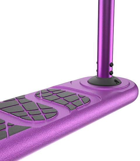 Close-up of the INDO Kickstart Voltage Complete Trampoline Stunt Scooter in purple, featuring a textured black foot deck and part of the purple handlebar stem.