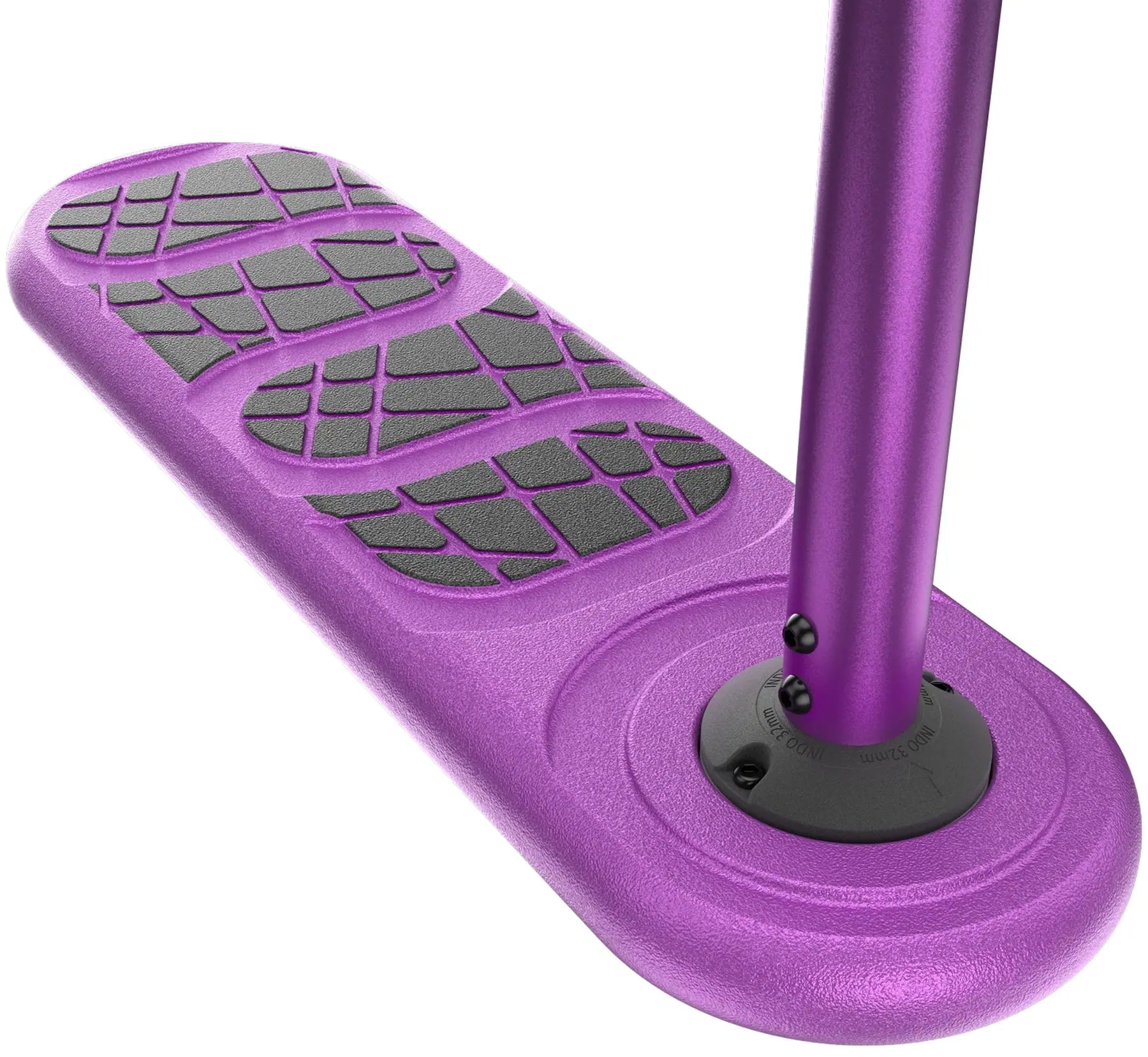 Close-up of the INDO Kickstart Voltage Complete Trampoline Stunt Scooter in purple, featuring a deck with black textured foot grips and the bottom of an adjustable purple handlebar attached.