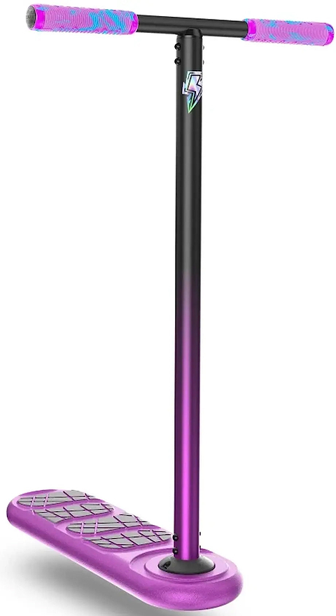 The INDO Kickstart Voltage Complete Trampoline Stunt Scooter in purple features a wide deck with textured foot grip, colorful pink and purple handlebar grips, a lightning bolt decal on the handlebars, and an adjustable handlebar for a custom fit.