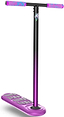 The INDO Kickstart Voltage Complete Trampoline Stunt Scooter in purple features a wide deck with textured foot grip, colorful pink and purple handlebar grips, a lightning bolt decal on the handlebars, and an adjustable handlebar for a custom fit.
