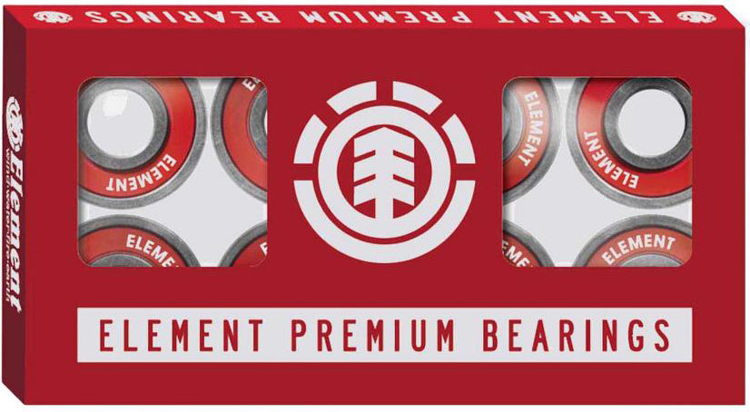 The Element Premium ABEC 7 Skateboard Bearings - 8 Pack features a red box with Element branding and two circular windows showing the red and silver bearings inside.
