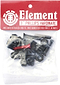 A plastic bag labeled "Element Phillips Skateboard Bolts - Black 1" by Element contains eight black bolts, one anodized red bolt, and eight nuts—reliable hardware for your skateboard.
