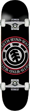 The Element Seal Complete Skateboard - 8" x 31" by Element showcases a black deck with a circular emblem, "EARTH," "WIND," and "WATER" text, stylized leaf logo, plus white wheels and silver trucks.