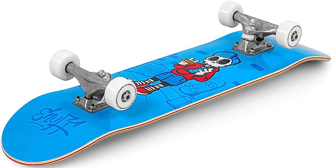 Enuff Skully Blue Complete Skateboard - 7.75″ x 31.5″ featuring a cartoon skull character wearing a red hoodie and white wheels.