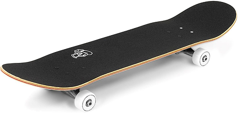 Enuff Skully Blue Complete Skateboard - 7.75″ x 31.5″ featuring a black grip tape deck with a white skull graphic, silver trucks, and white wheels.