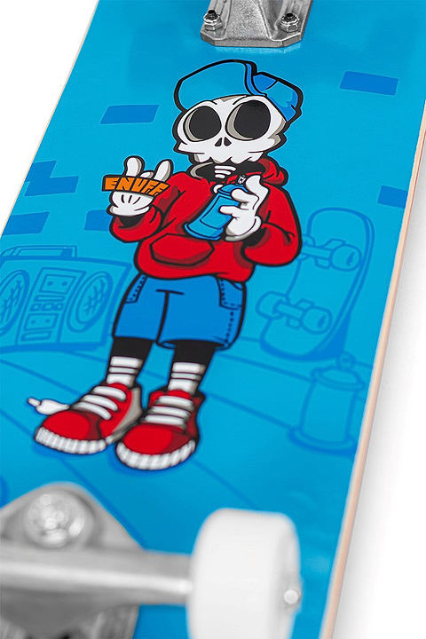 Enuff Skully Blue Complete Skateboard - 7.75″ x 31.5″ featuring a blue deck with a cartoon skeleton in a red hoodie and blue cap holding a spray paint can.