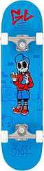 Enuff Skully Blue Complete Skateboard - 7.75″ x 31.5″ in bright blue, featuring a cartoon graphic of a skull-headed character in a hoodie and cap, with white wheels and silver trucks.
