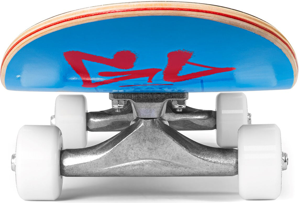 A view from the end of an Enuff Skully Blue Complete Skateboard, featuring a blue deck with a red graphic, silver metal trucks, and white wheels.