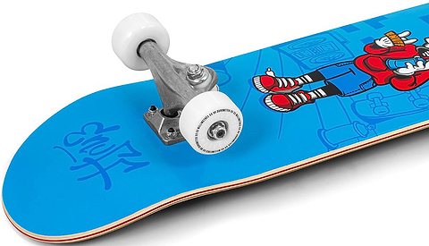 Enuff Skully Blue Complete Skateboard - 7.75″ x 31.5″ featuring a cartoon character wearing a red hoodie and white shoes, with silver trucks and white wheels.