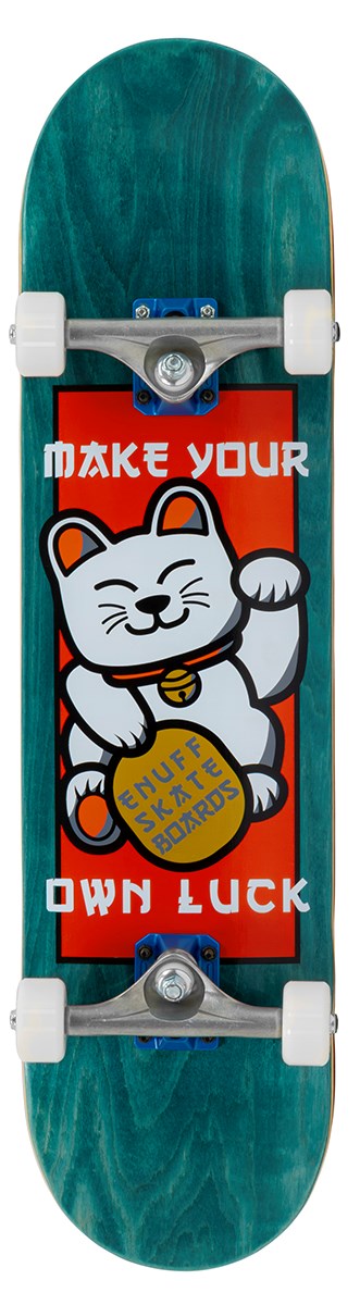 The Enuff Lucky Cat Green Complete Skateboard - 8″ x 32″ by Enuff is a great beginner board with teal edges, showcasing a bold waving lucky cat graphic holding a coin. The deck features the messages “MAKE YOUR OWN LUCK” and “ENJIF FATE BOARD,” making it ideal for both street and park skating.