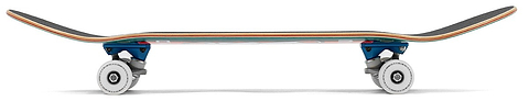 A side view of the Enuff Lucky Cat Green Complete Skateboard - 8″ x 32″ by Enuff, featuring white wheels, blue trucks, and a deck with multicolored stripes along the edge. Both ends of the deck are upwardly curved, making it an ideal beginner skateboard for both street and park skating.