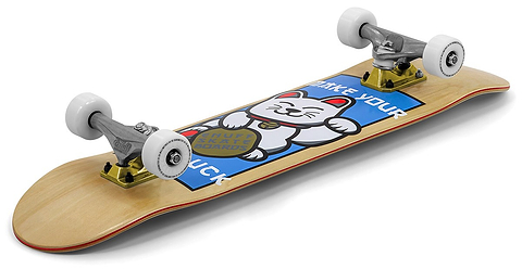 The Enuff Lucky Cat Natural Complete Skateboard 8.0" x 32" by Enuff features a natural wood finish, blue waving lucky cat graphic with "MAKE YOUR," white wheels, and metal trucks. Ideal for beginners in both street and park skating.
