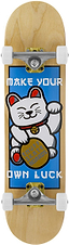 The Enuff Lucky Cat Natural Complete Skateboard - 8.0" x 32" by Enuff is ideal for beginners, featuring a waving white lucky cat with a gold coin on blue and "MAKE YOUR OWN LUCK" text—perfect for street or park skating.