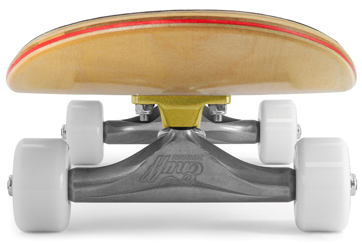 Close-up, low-angle view of the Enuff Lucky Cat Natural Complete Skateboard (8.0" x 32") by Enuff, featuring white wheels, silver trucks, a yellow baseplate, and a wooden deck with a red stripe—perfect for street and park skating.