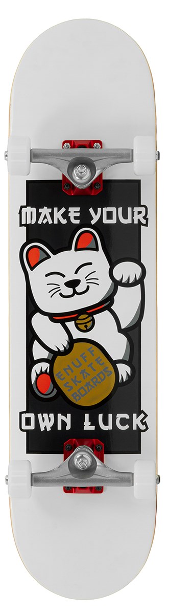 The Enuff Lucky Cat White Complete Skateboard - 8″ x 32″ features a playful illustration of a waving lucky cat holding a gold coin, with the bold message “MAKE YOUR OWN LUCK” surrounding it. Designed by Enuff, this beginner-friendly skateboard is perfect for street and park skating, making it an excellent choice for those just starting out.