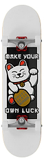 The Enuff Lucky Cat White Complete Skateboard - 8″ x 32″ features a playful illustration of a waving lucky cat holding a gold coin, with the bold message “MAKE YOUR OWN LUCK” surrounding it. Designed by Enuff, this beginner-friendly skateboard is perfect for street and park skating, making it an excellent choice for those just starting out.