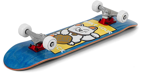 The Enuff Lucky Cat Mini Blue Complete Skateboard (7.25″ x 29.5″) features white wheels and a playful graphic of a waving white lucky cat with yellow text on the deck. Ideal as a beginner or kids’ mini skateboard, the grip tape is not visible in the product image.