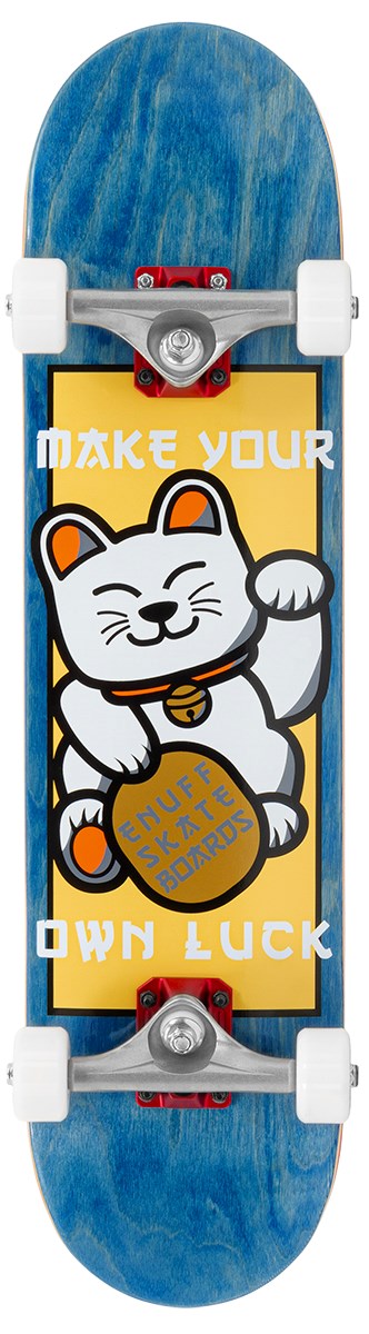 The Enuff Lucky Cat Mini Blue Complete Skateboard – 7.25″ x 29.5″ features a vibrant design with blue edges, showcasing a cheerful white lucky cat holding a coin labeled “Shuft Skate Boards” and the phrase “Make Your Own Luck” on a bright yellow background. Perfect for young riders starting out, this complete skateboard from Enuff is ideal for beginners looking to kickstart their skating journey.