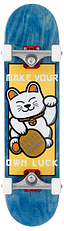 The Enuff Lucky Cat Mini Blue Complete Skateboard – 7.25″ x 29.5″ features a vibrant design with blue edges, showcasing a cheerful white lucky cat holding a coin labeled “Shuft Skate Boards” and the phrase “Make Your Own Luck” on a bright yellow background. Perfect for young riders starting out, this complete skateboard from Enuff is ideal for beginners looking to kickstart their skating journey.