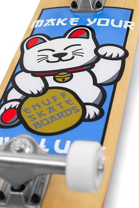 The Enuff Lucky Cat Mini Natural Complete Skateboard (7.25" x 29.5") features a waving lucky cat with a gold coin, "ENUFF SKATE BOARDS," and "MAKE YOUR" above the illustration—perfect as a beginner skateboard for kids.