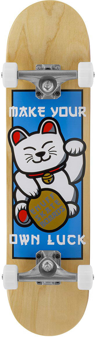 The Enuff Lucky Cat Mini Natural Complete Skateboard (7.25" x 29.5") for kids features a natural wood finish with a white waving lucky cat, gold coin graphic, and "Make Your Own Luck" in bold white letters—perfect for beginners.