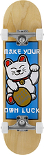 The Enuff Lucky Cat Mini Natural Complete Skateboard (7.25" x 29.5") for kids features a natural wood finish with a white waving lucky cat, gold coin graphic, and "Make Your Own Luck" in bold white letters—perfect for beginners.