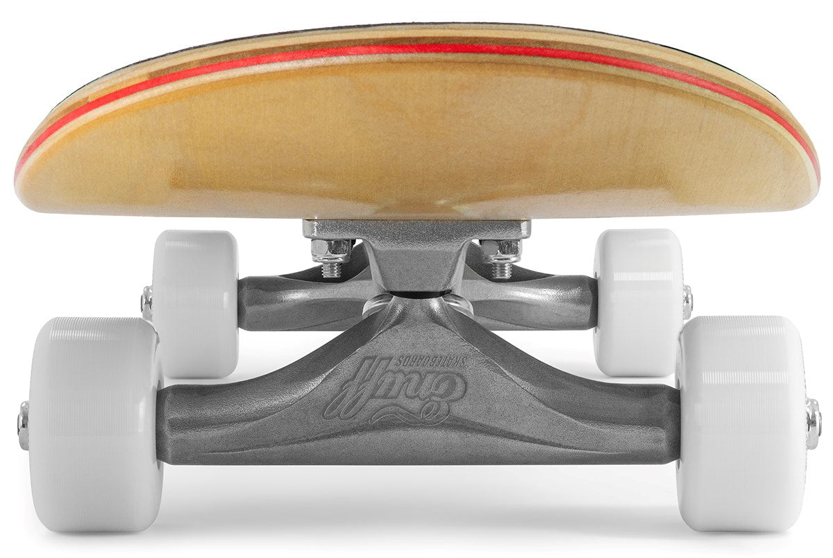 Close-up, low-angle view of the Enuff Lucky Cat Mini Natural Complete Skateboard’s underside, featuring white wheels, silver trucks, and wood grain deck with red-orange stripes—ideal for young skateboard enthusiasts.