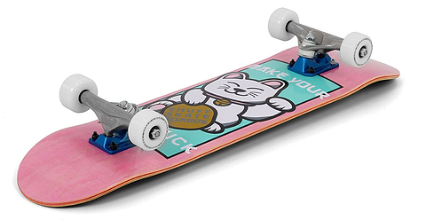 The Enuff Lucky Cat Mini Pink Complete Skateboard - 7.25″ x 29.5″ features white wheels, blue trucks, and a playful graphic of a lucky cat holding a coin on the deck with the words “MAKE YOUR” partially visible. Designed by Enuff, this beginner-friendly skateboard is perfect for kids, offering easy handling and an eye-catching design that’s ideal for young skaters.