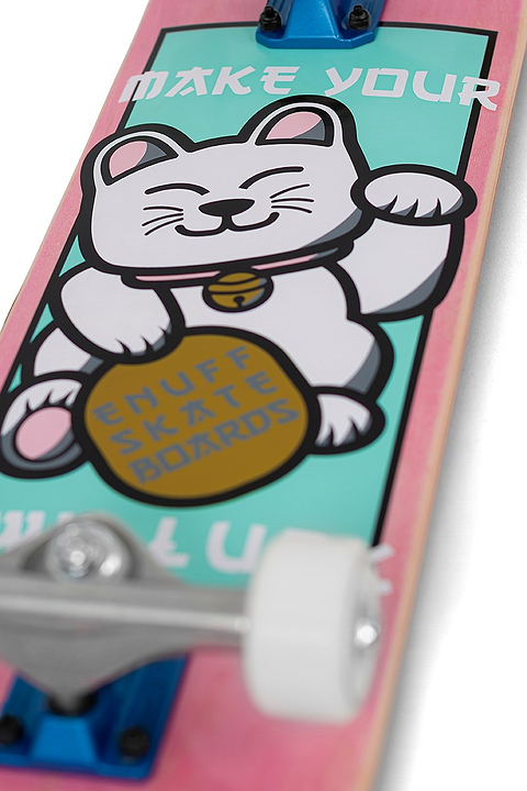 The Enuff Lucky Cat Mini Pink Complete Skateboard - 7.25″ x 29.5″ features a playful cartoon lucky cat holding a gold coin stamped with “ENUFF SKATEBOARDS” against a vibrant teal and pink background, with the words “MAKE YOUR” and “LUCK” on display. Designed by Enuff for young riders, this board is ideal as a beginner skateboard or kids skateboard, blending fun graphics with dependable quality.