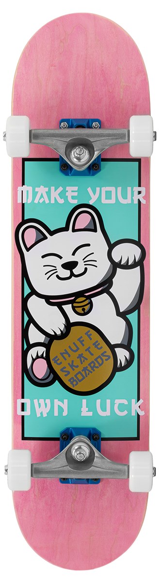 Ideal for young riders, the Enuff Lucky Cat Mini Pink Complete Skateboard - 7.25″ x 29.5″ by Enuff showcases a pink deck decorated with a waving lucky cat, a gold coin inscribed with “Huff Skateboards,” and the motivational phrase “Make Your Own Luck” in white—making it an excellent beginner or kids skateboard.